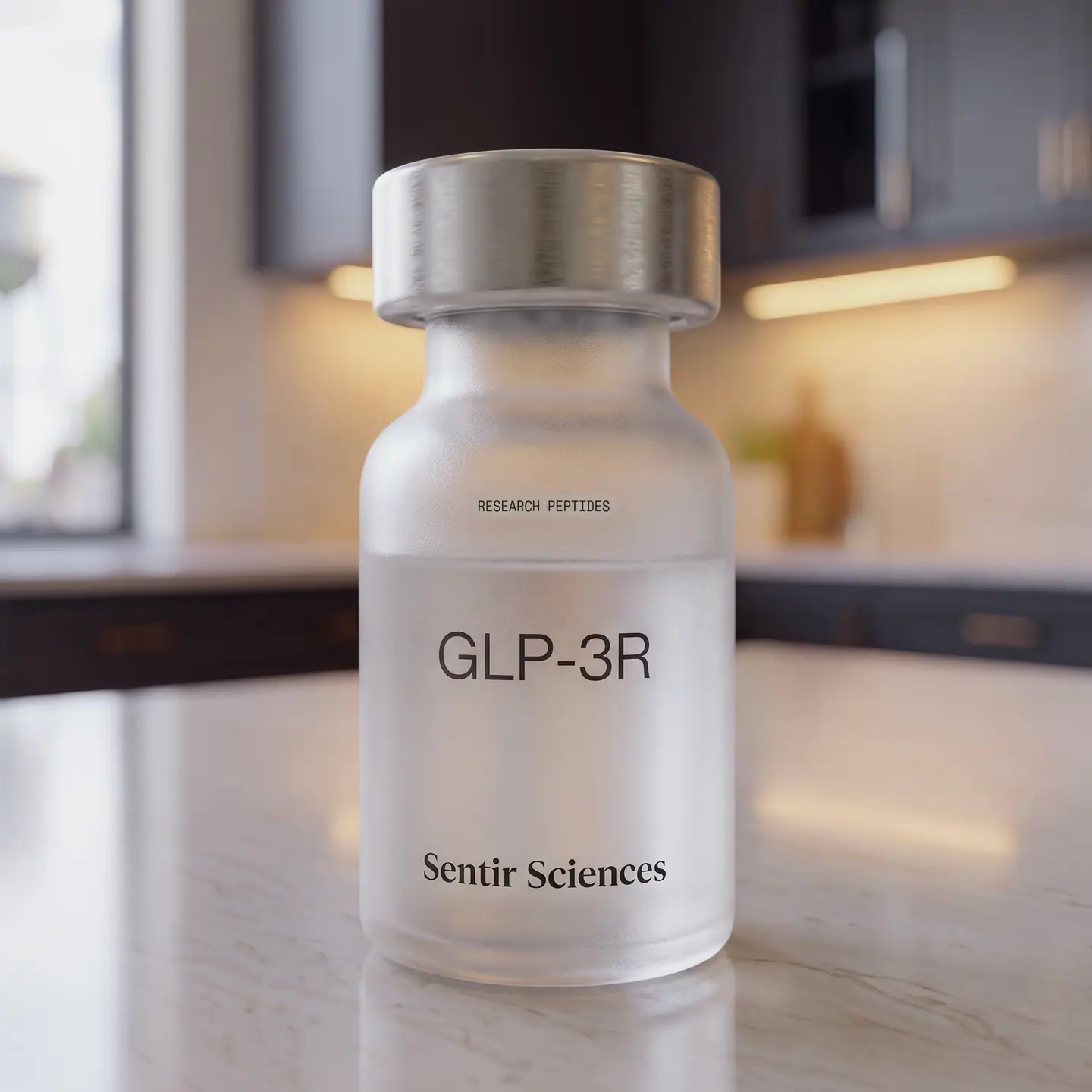 GLP-3R research vial on a laboratory counter