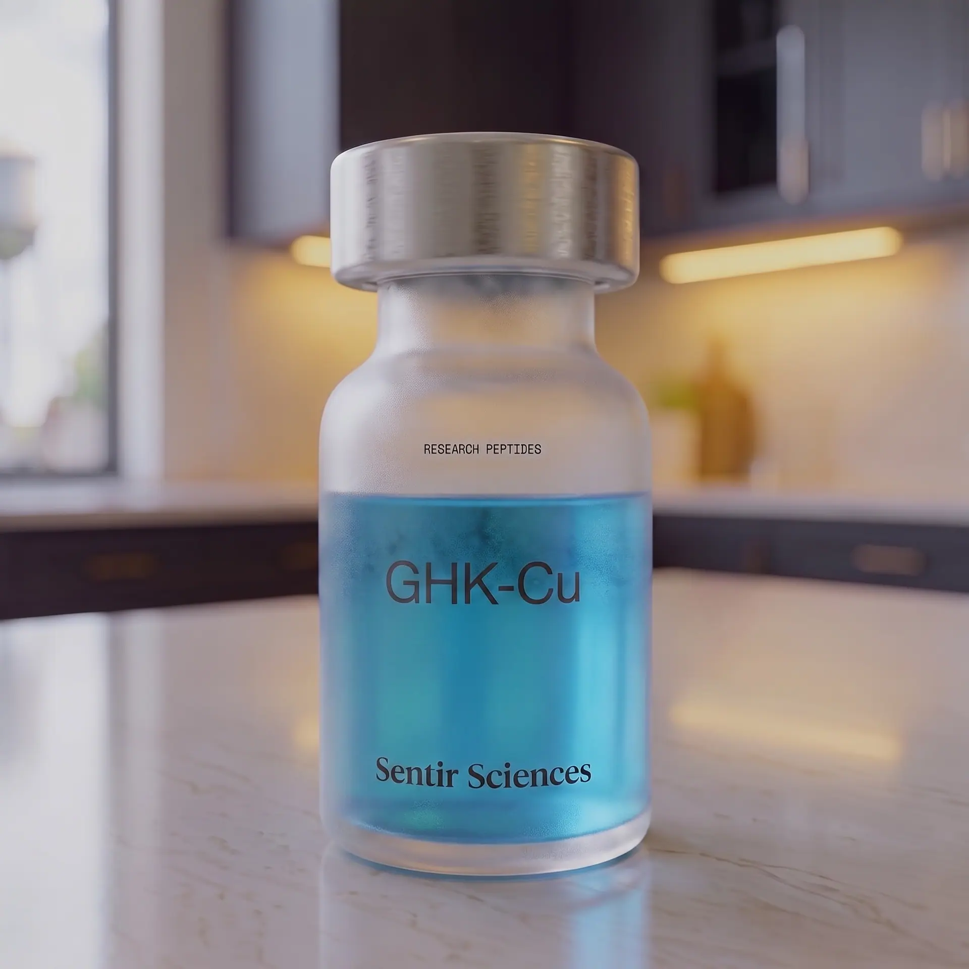 GHK-Cu research vial on a laboratory counter