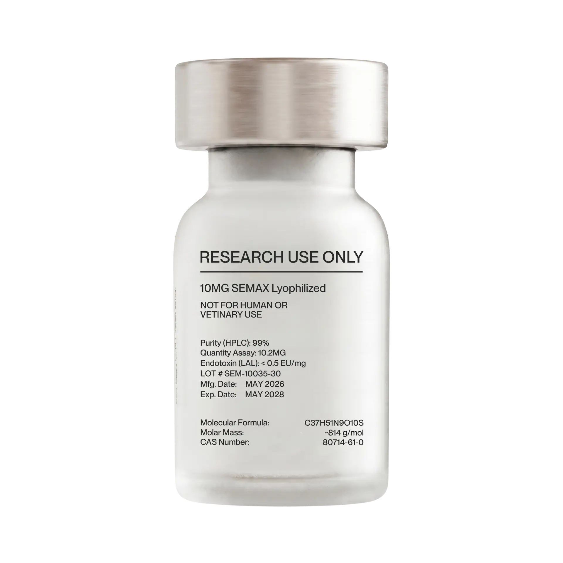 Semax 10MG research vial, reverse side