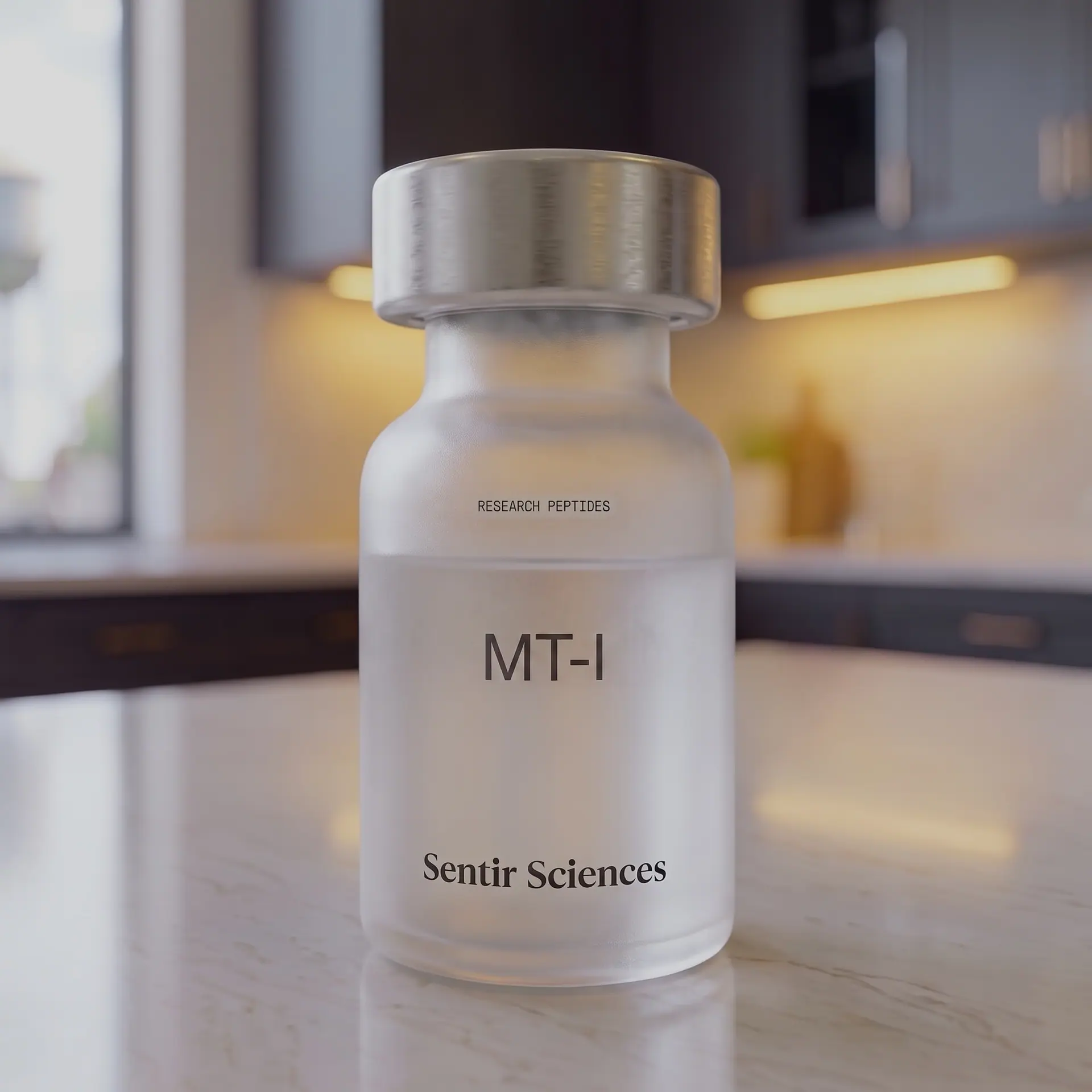 MT-I research vial on a laboratory counter