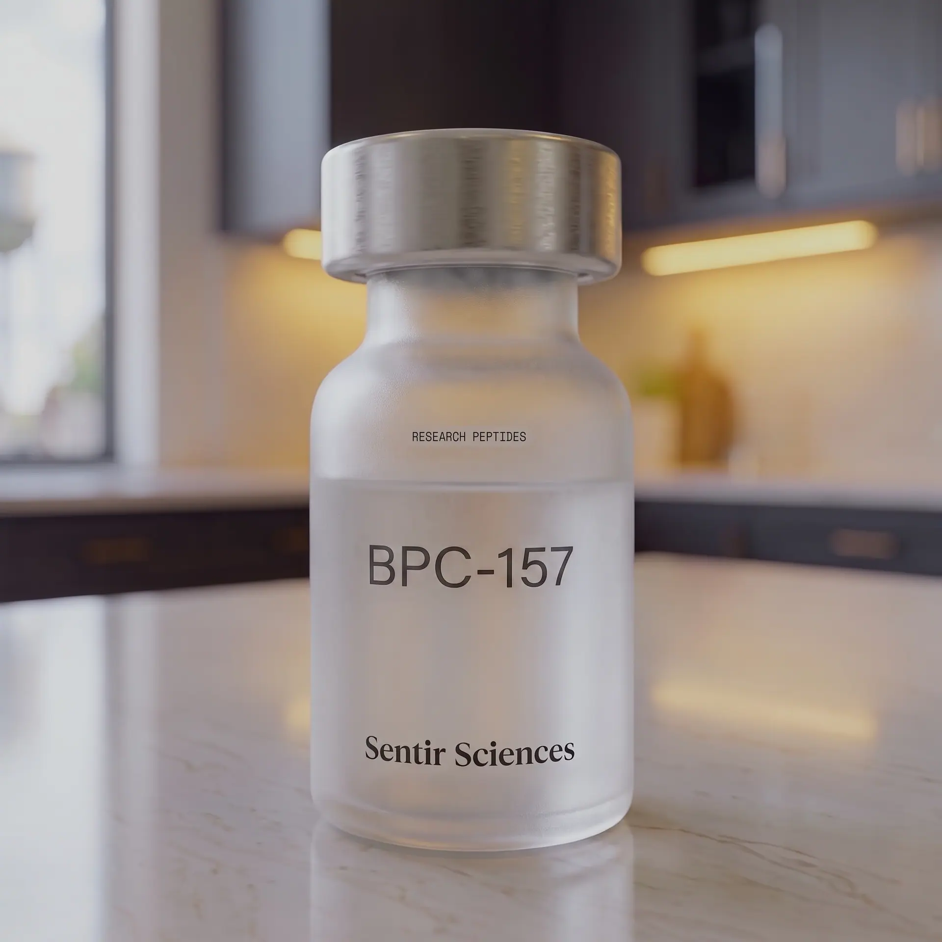 BPC-157 research vial on a laboratory counter